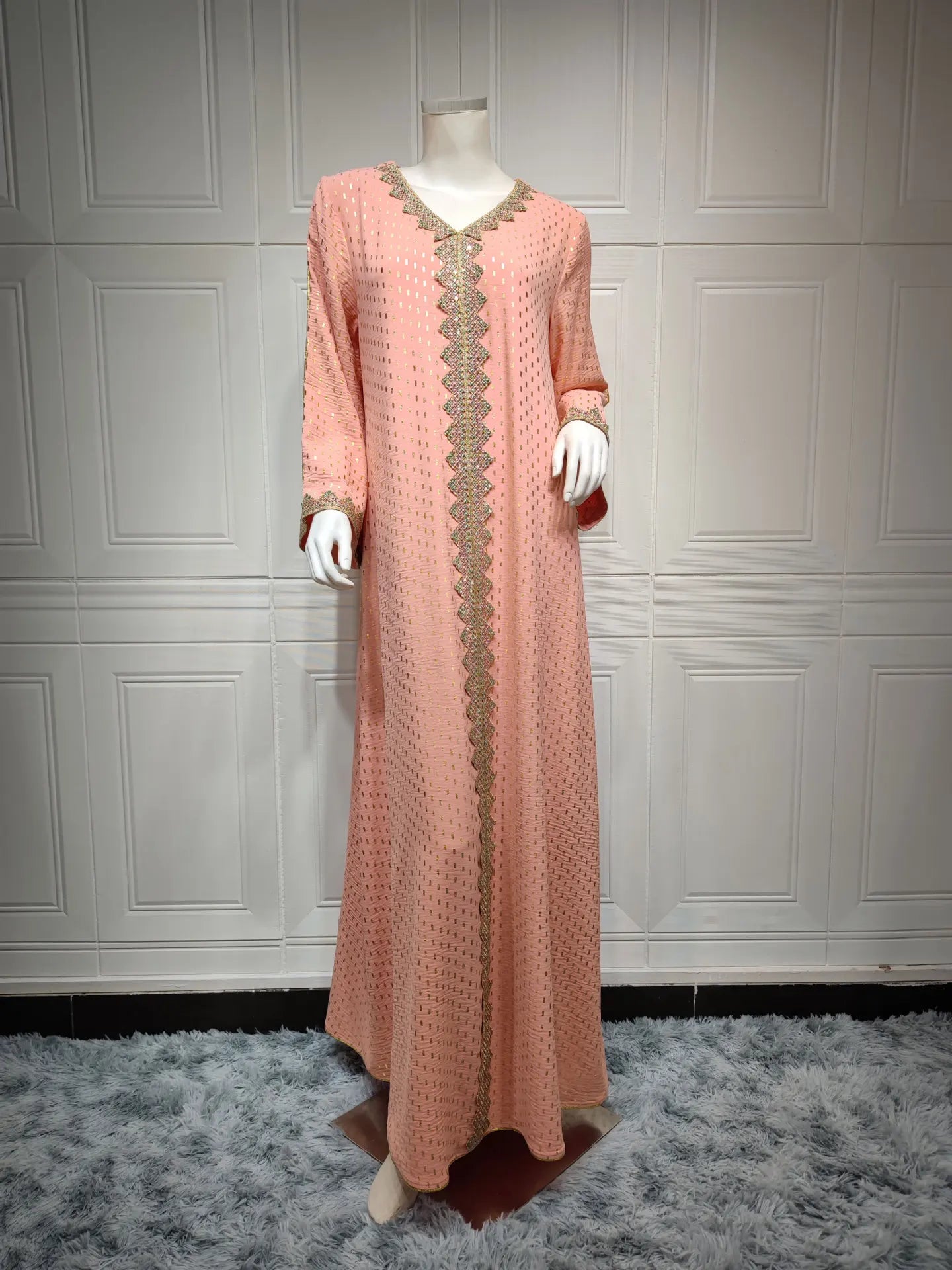 Modest Muslim Maxi Dress For Women Spring 2025 Lace Tape Trim V Neck Long Sleeve Loose Arab Oman Dubai Gold Stamping Robe Pink
