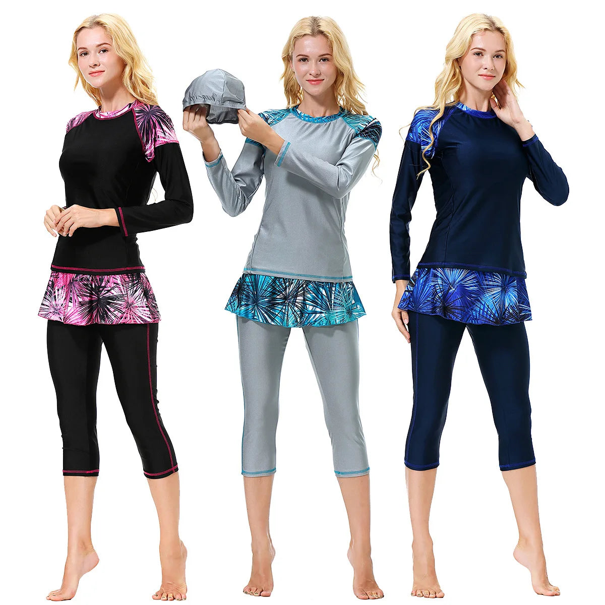 Muslim Modest Burkini Women Long Sleeve Print Swimwear Full Cover Swimsuit Islamic Bathing Suit Beachwear Swimming Costumes Set