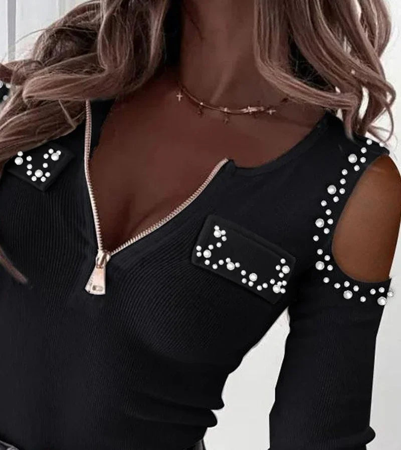 Woman Blouse Streetwear Spring 2024 New Long Sleeved V-Neck Off Shoulder Tops Fashion Casual Daily T-shirt Female's Pullover Tee