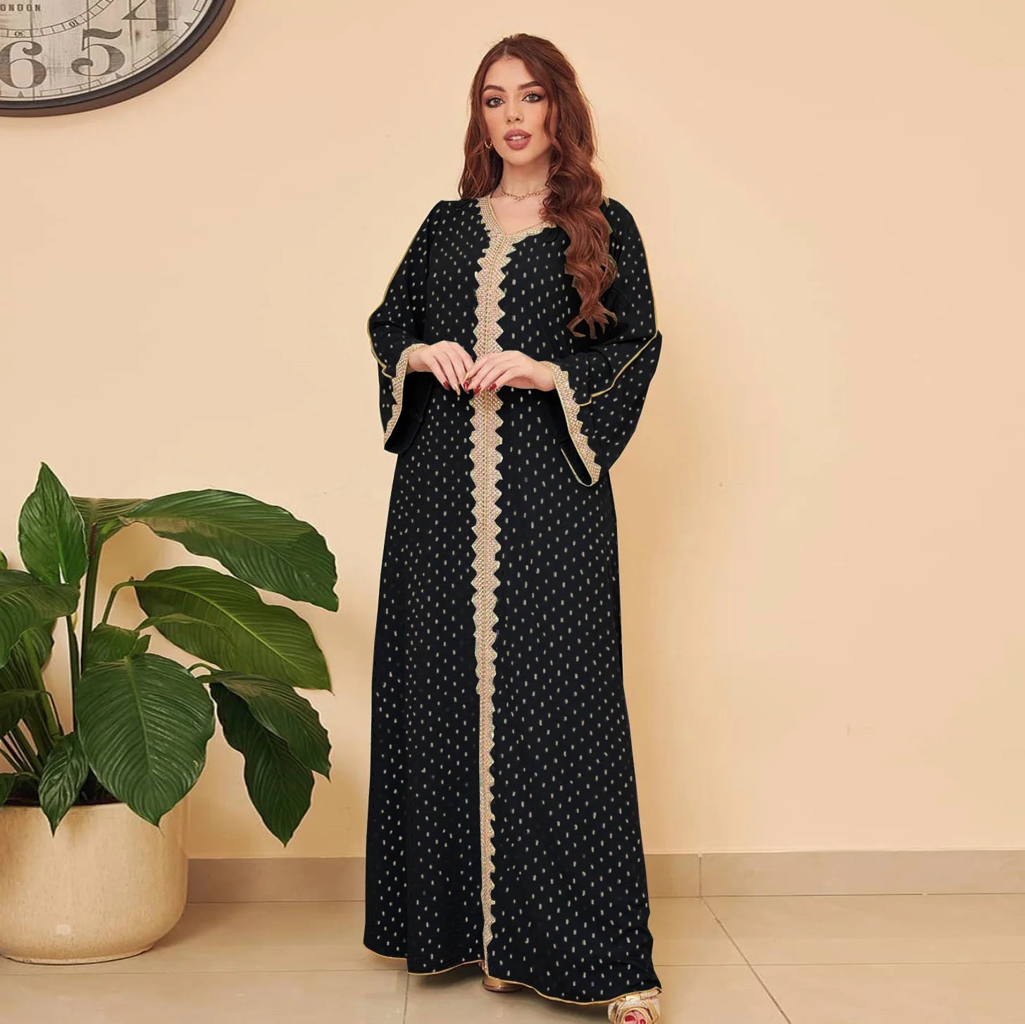 Modest Muslim Maxi Dress For Women Spring 2025 Lace Tape Trim V Neck Long Sleeve Loose Arab Oman Dubai Gold Stamping Robe Pink