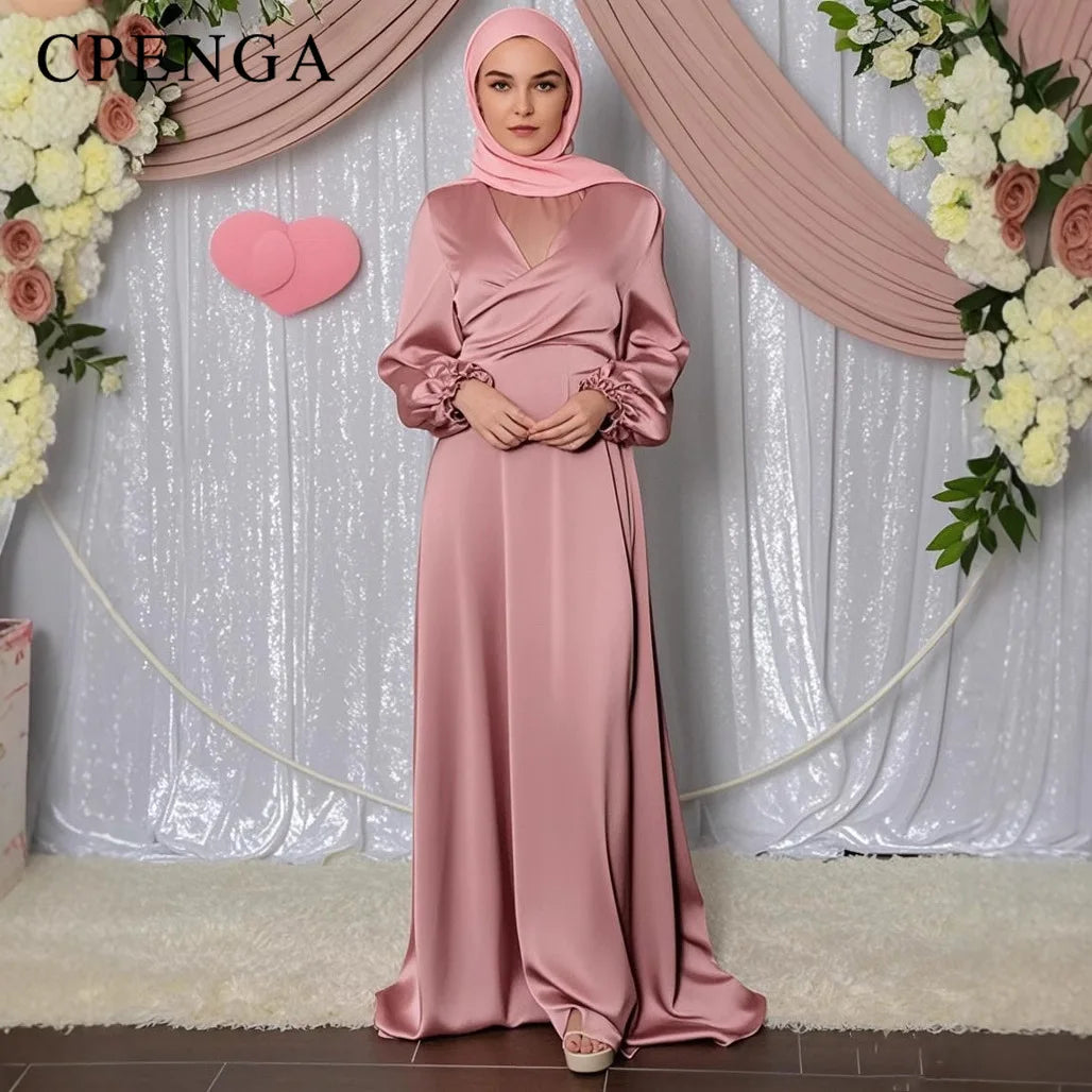 Ramadan Arabic Muslim Women Modest Dress Elegant Dubai Satin Abaya Islamic Party Clothing Holiday Travel Outfit 2025 Turkey Robe