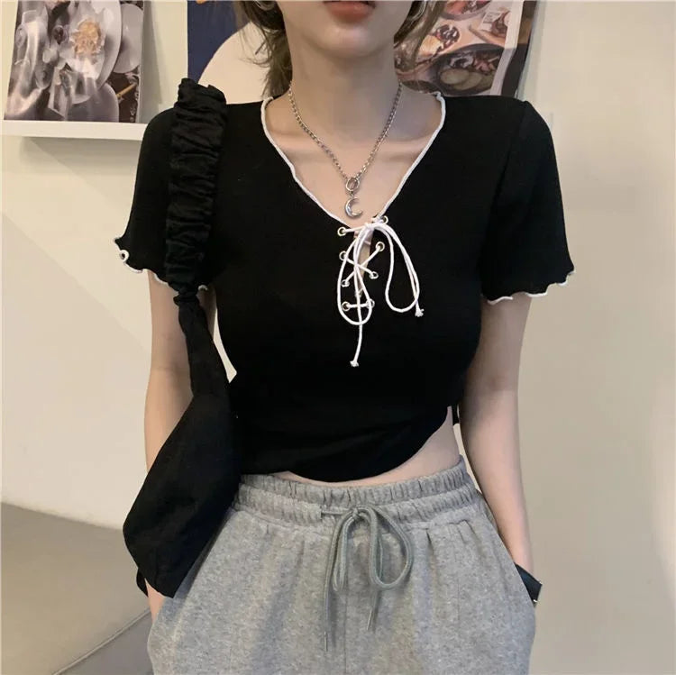 Woman T-shirts Summer White V-neck Top Knitted Short-Sleeved T-shirt for Women Mujer Camisetas