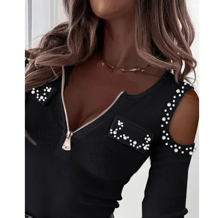 Woman Blouse Streetwear Spring 2024 New Long Sleeved V-Neck Off Shoulder Tops Fashion Casual Daily T-shirt Female's Pullover Tee