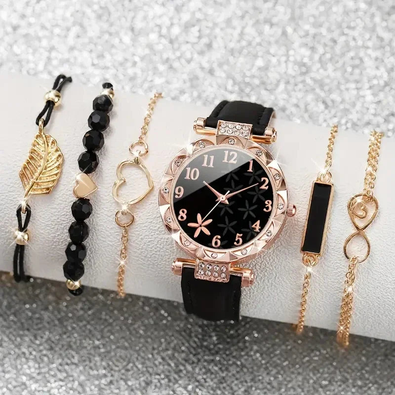 6pcs/set New Women's Rhinestone Dial Strap Quartz Watch Female Casual Heart Firework PU Leather Wrist Watch Ensemble Argent