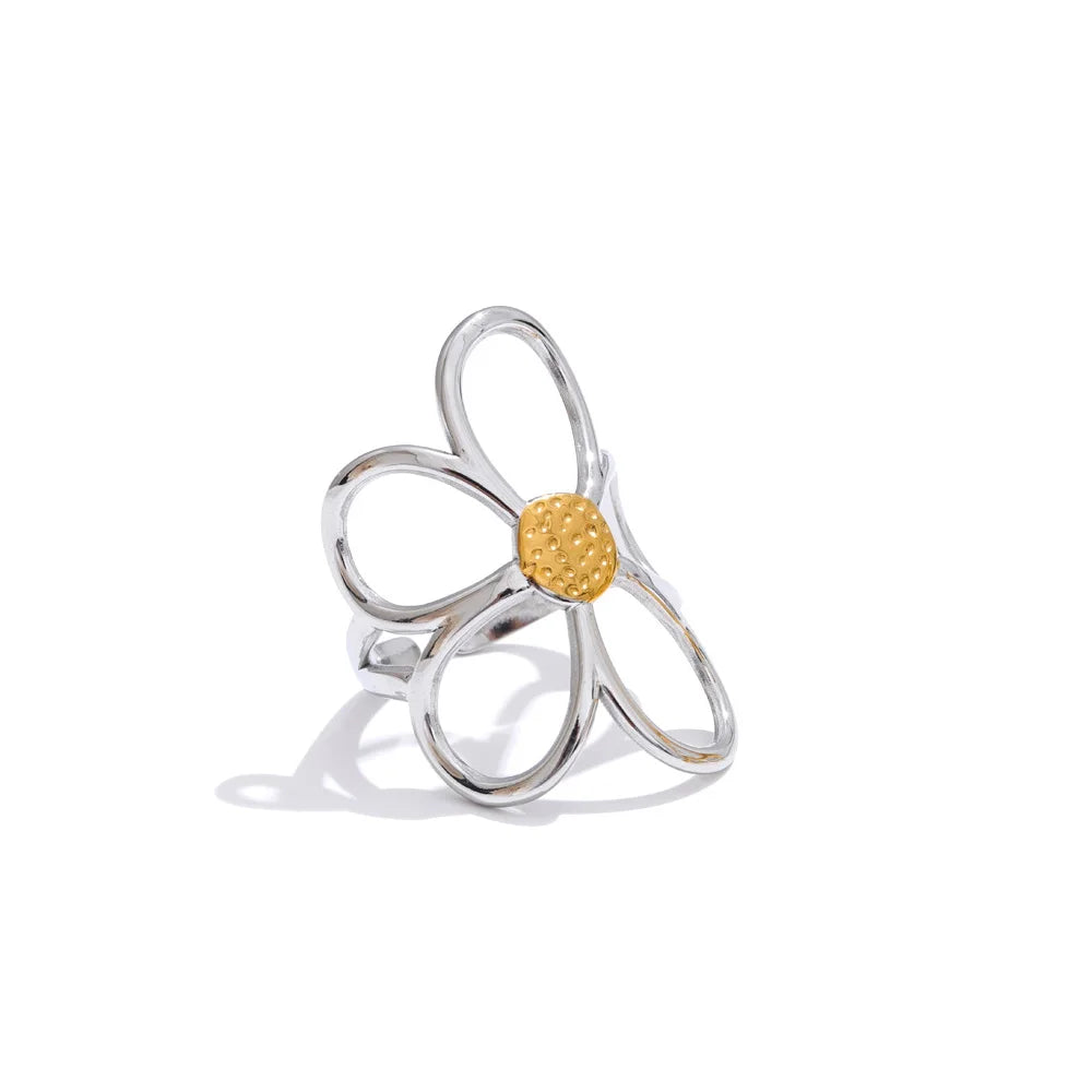 Yhpup Trendy Stainless Steel Metal Flower Adjustable Fashion Finger Ring Rust Proof Attractive Daily Jewelry Accessories Gift