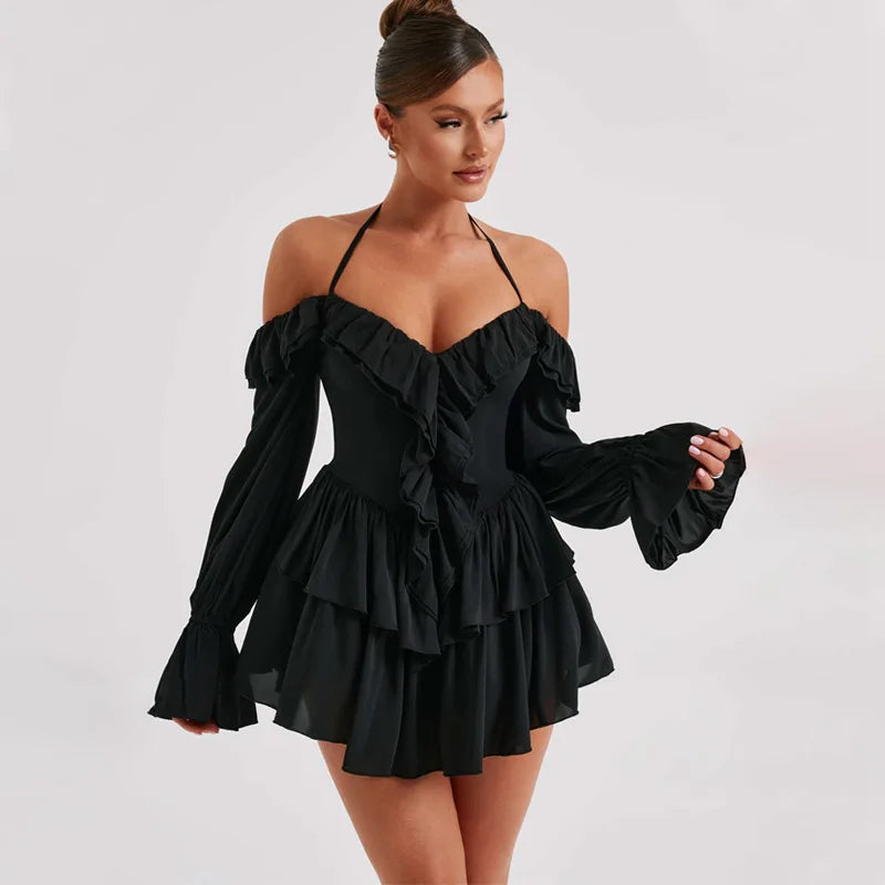 Woman Clothes Sexy Ruffles High Waist Rompers Short Jumpsuit 2025 Autumn Lace-up Off Shoulder Long Sleeve Pink Playsuit Clubwear