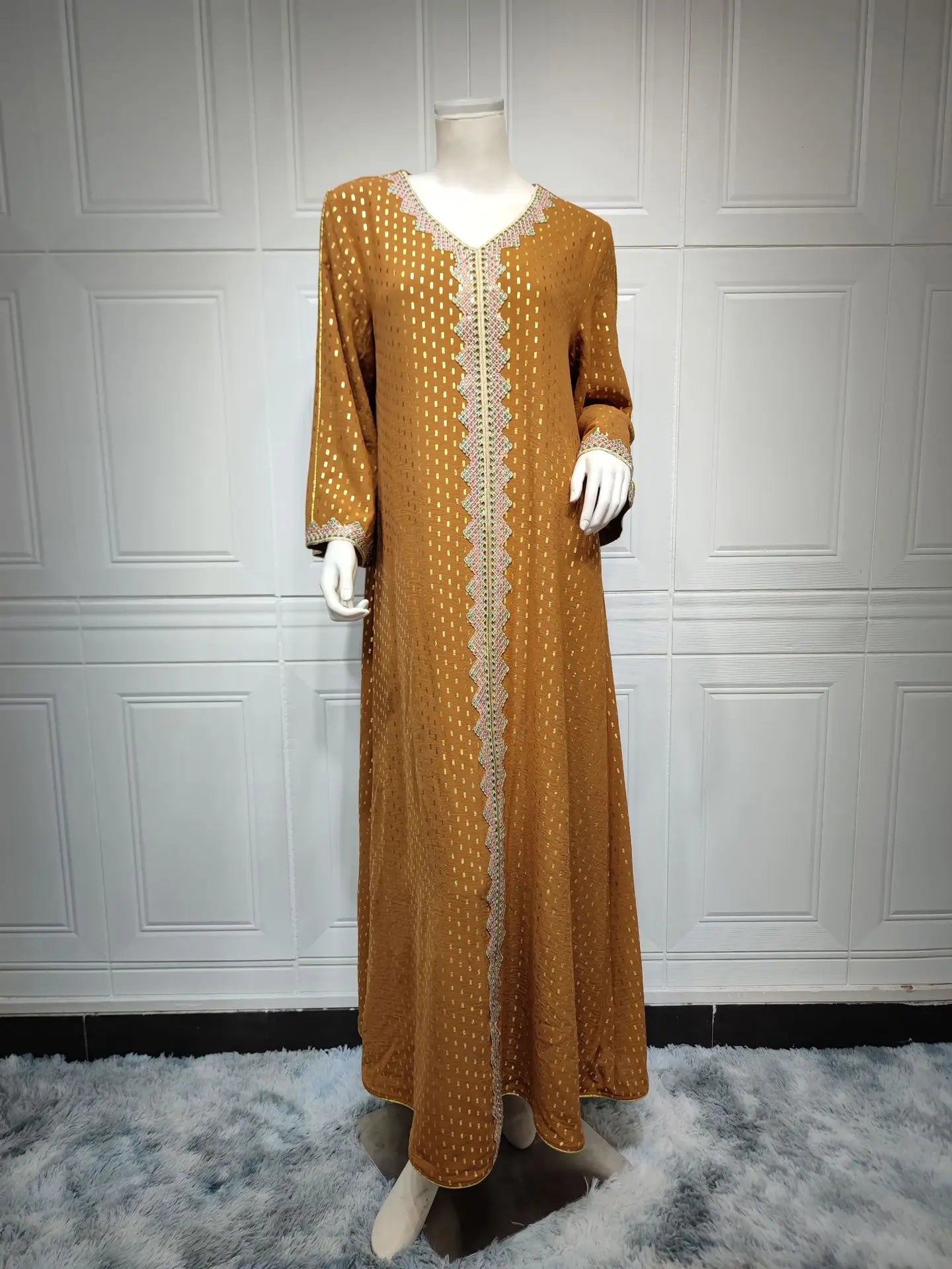 Modest Muslim Maxi Dress For Women Spring 2025 Lace Tape Trim V Neck Long Sleeve Loose Arab Oman Dubai Gold Stamping Robe Pink