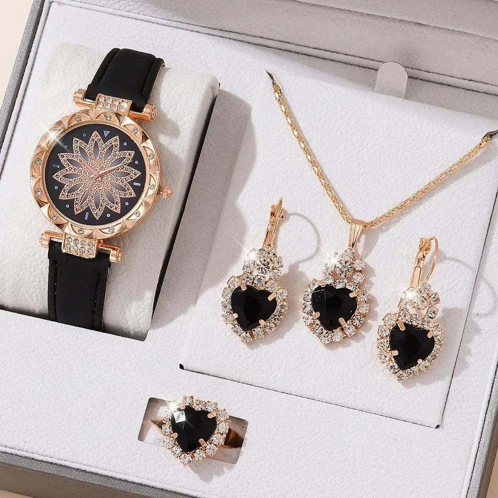 5/6PCS Set Rose Gold Luxury Watch Women Ring Necklace Earring Rhinestone Fashion Wristwatch Casual Ladies Bracelet( No Box)