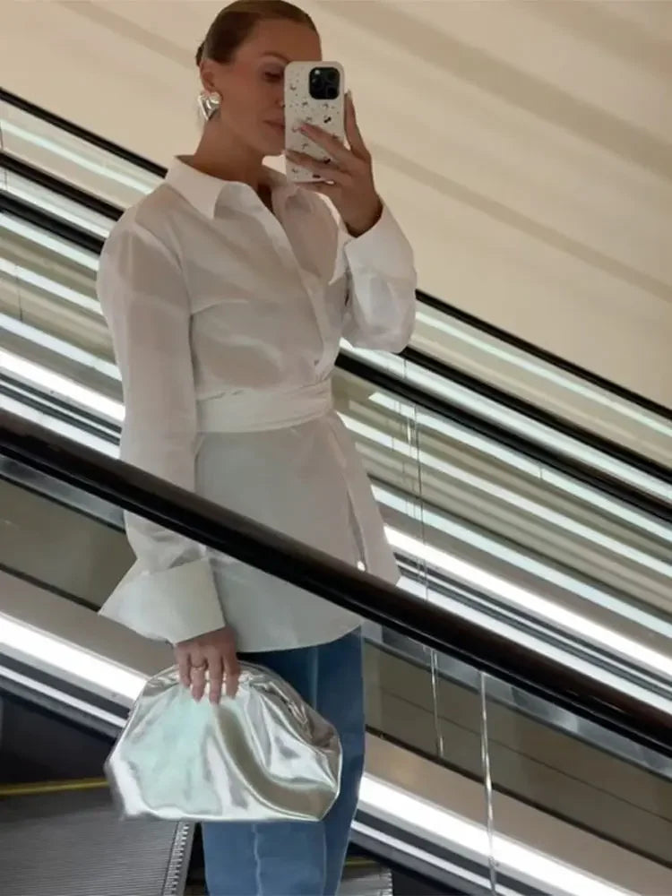 Fashion Woman Waist Shirt  New Turn-Down Collar Single Breasted Female Blouse Solid Color Shirts Office Lady Clothing
