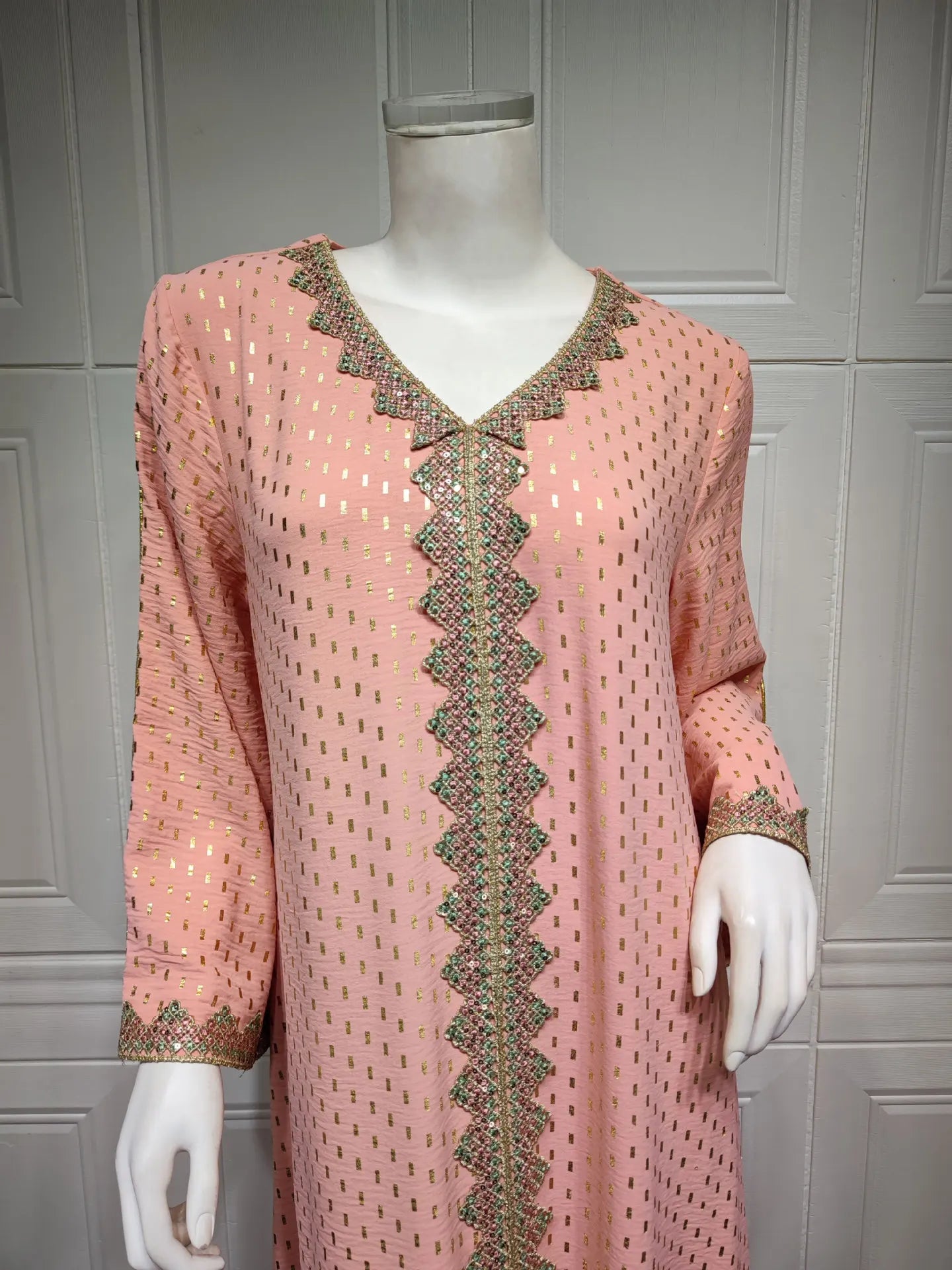 Modest Muslim Maxi Dress For Women Spring 2025 Lace Tape Trim V Neck Long Sleeve Loose Arab Oman Dubai Gold Stamping Robe Pink