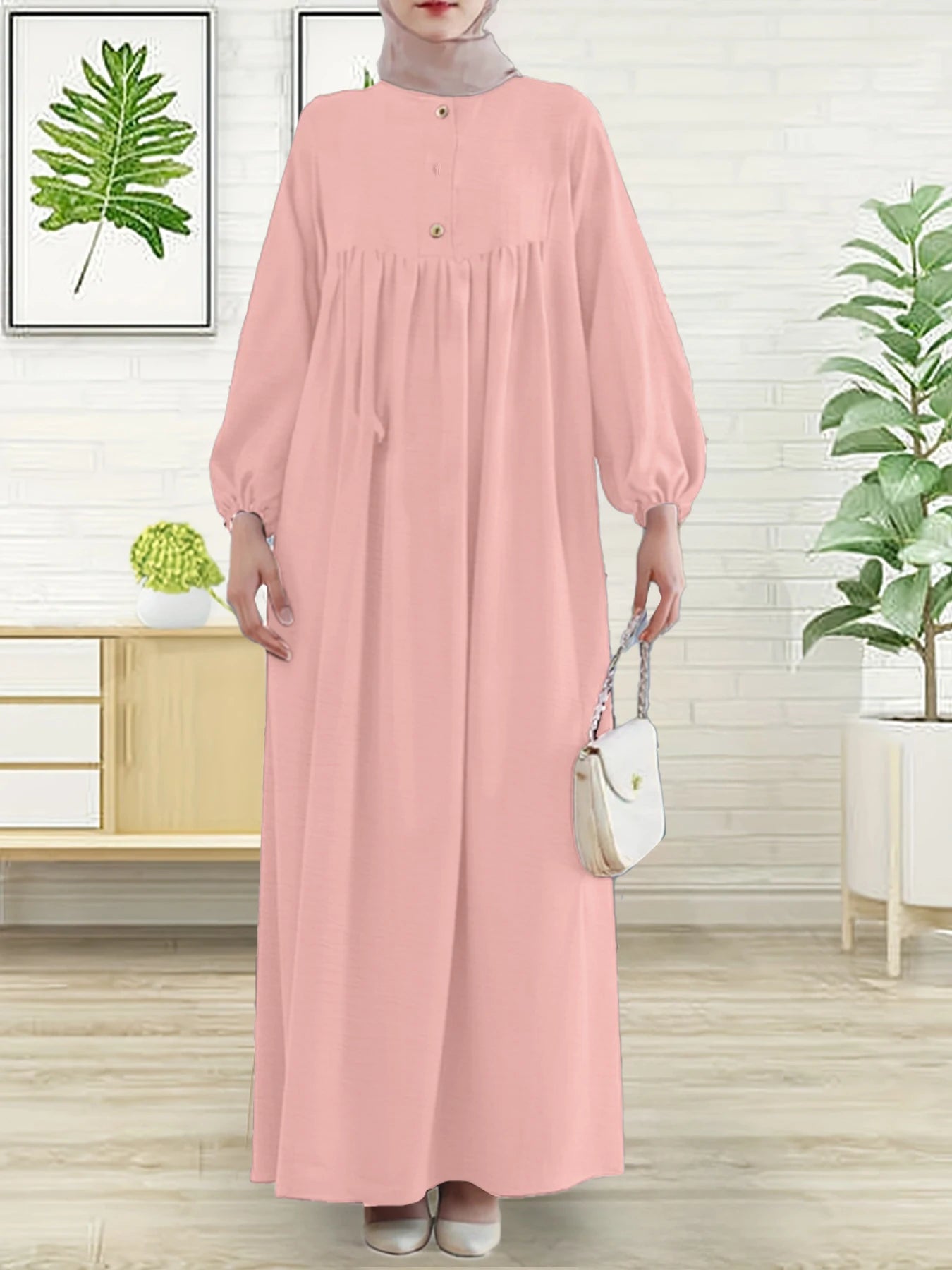 Modest Abaya Dress for Muslim Women Simple Bubble Sleeve Robe Crew Neck Breathable Islamic Abaya Dress
