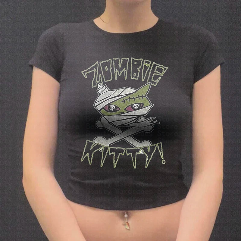 Women T-Shirt 2000s Clothes Aesthetic Vintage Streetwear Fashion Emo girl Y2k tops Crop Top Short Sleeve Tees Harajuku Graphic