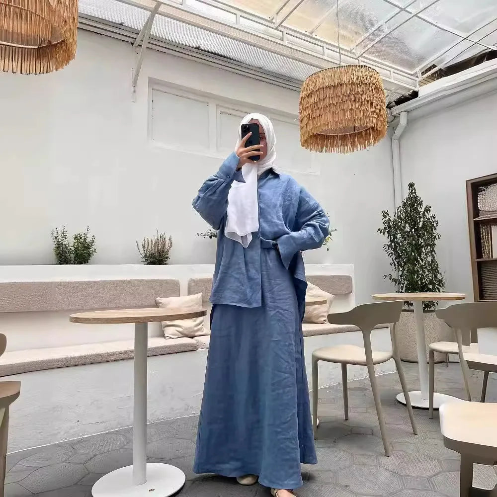 Muslim Women 2 Piece Sets Shirts Skirt Outfits Single Breasted Morocco Dubai Islam Blouse Long Skirts Suit Saudi Modest Ensemble