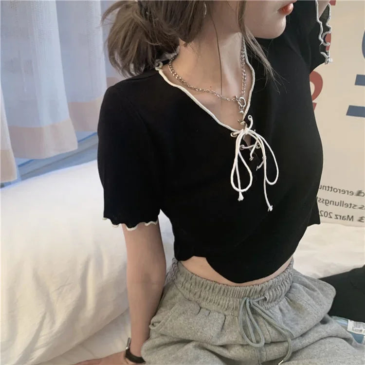 Woman T-shirts Summer White V-neck Top Knitted Short-Sleeved T-shirt for Women Mujer Camisetas