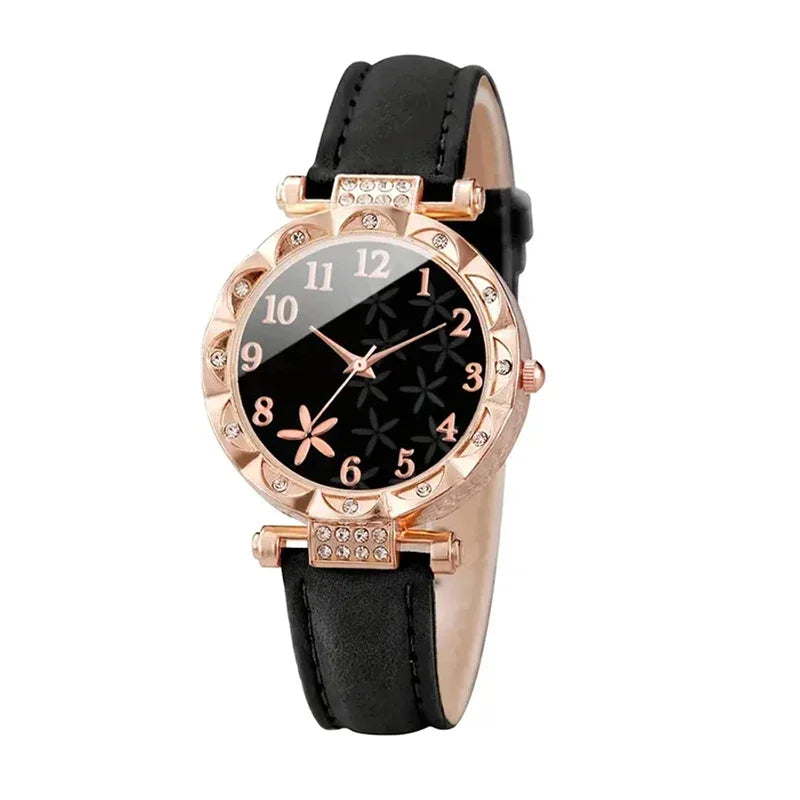 6pcs/set New Women's Rhinestone Dial Strap Quartz Watch Female Casual Heart Firework PU Leather Wrist Watch Ensemble Argent