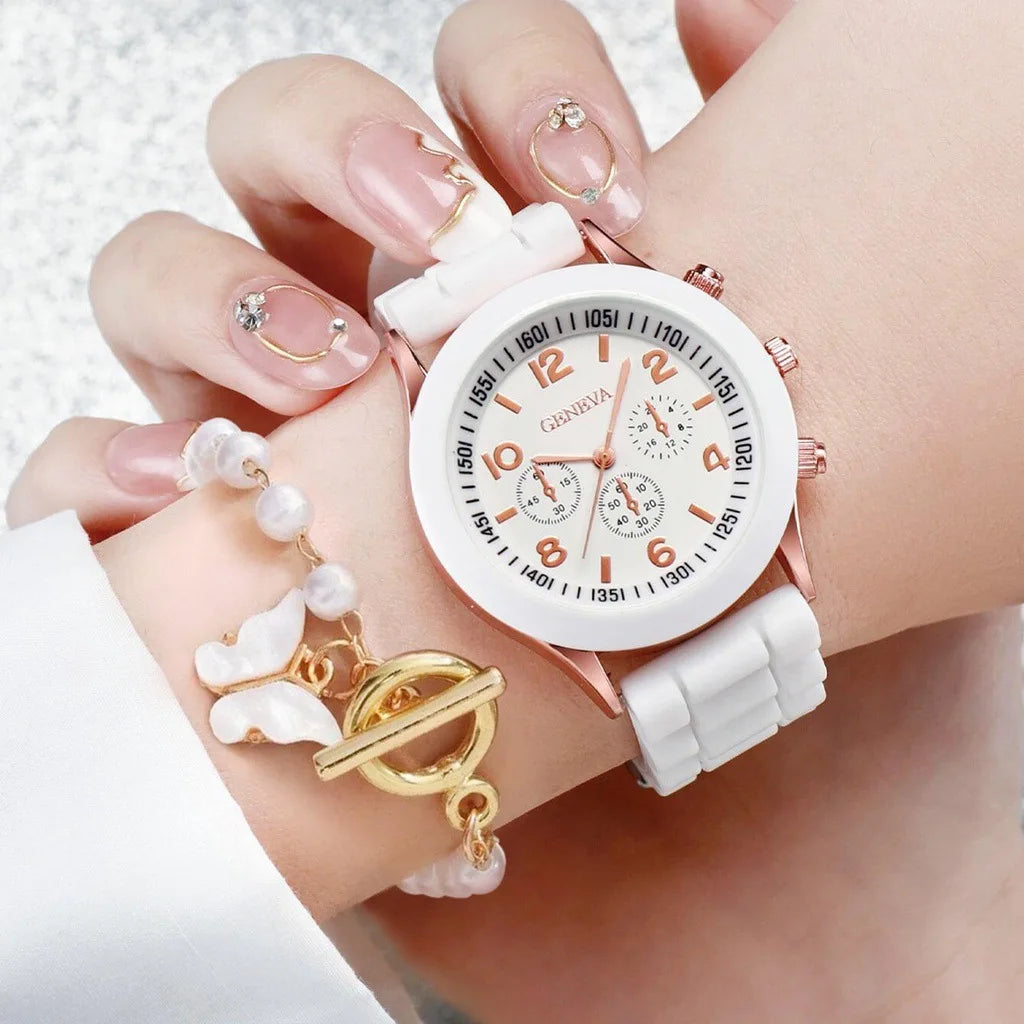 Luxury Watch Women Necklace Earrings Bracelet Set Watches Butterfly Silicone Strap Ladies Quartz Wristwatch Bracelet No Box