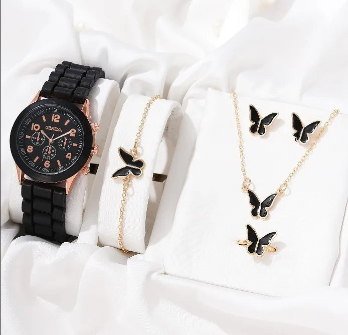 Luxury Watch Women Necklace Earrings Bracelet Set Watches Butterfly Silicone Strap Ladies Quartz Wristwatch Bracelet No Box