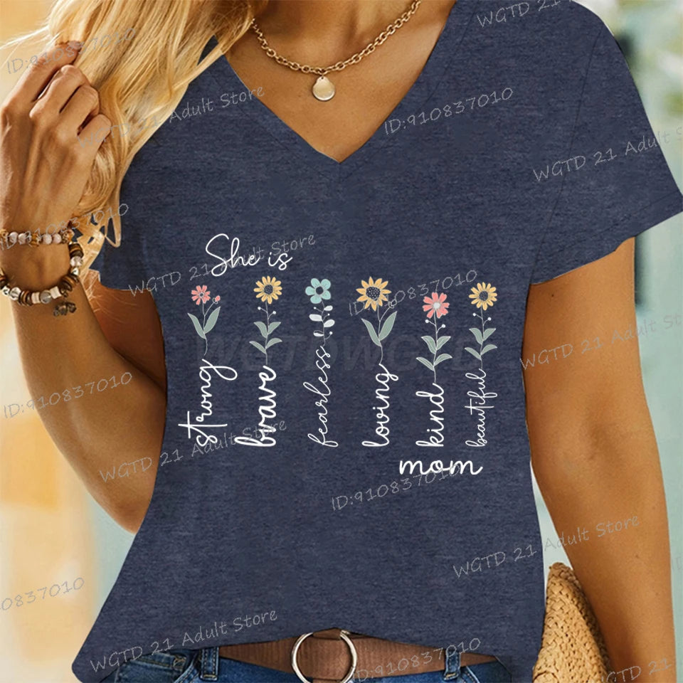 Women T-shirt She Is Strong Kind Print Wild Flower Tees Bible Verses Mom Life V Neck Shirt Ladies Casual Tops Gift Mother's Day