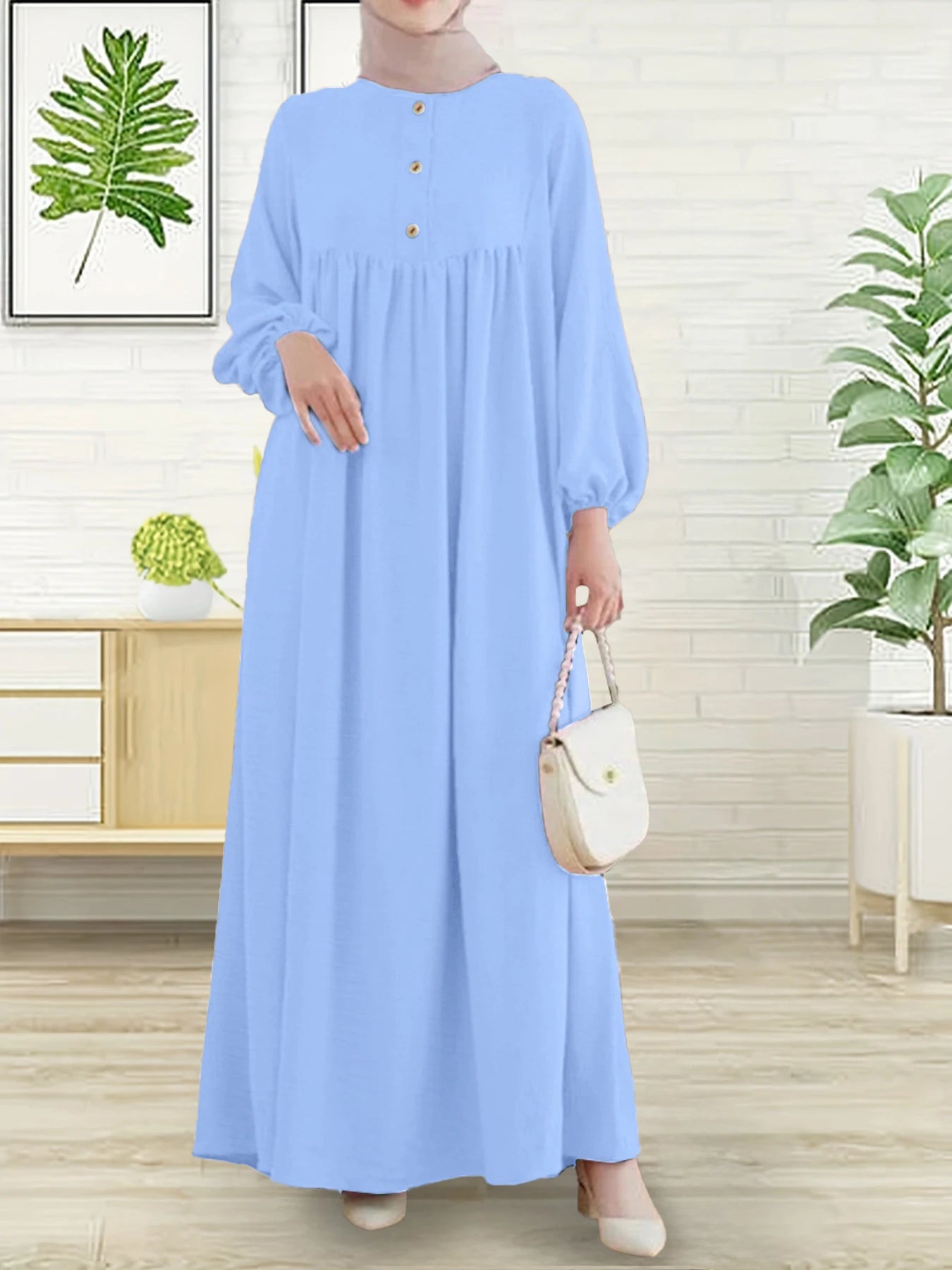 Modest Abaya Dress for Muslim Women Simple Bubble Sleeve Robe Crew Neck Breathable Islamic Abaya Dress