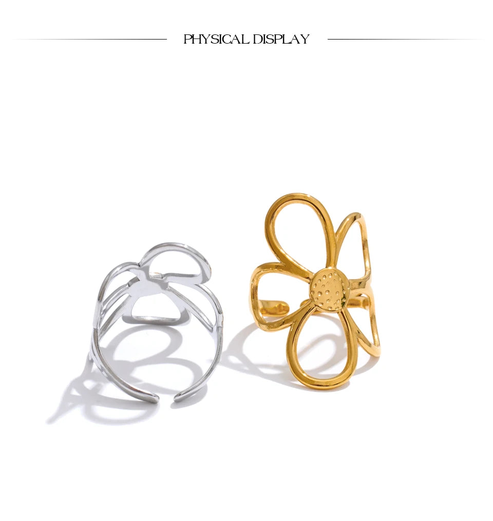 Yhpup Trendy Stainless Steel Metal Flower Adjustable Fashion Finger Ring Rust Proof Attractive Daily Jewelry Accessories Gift