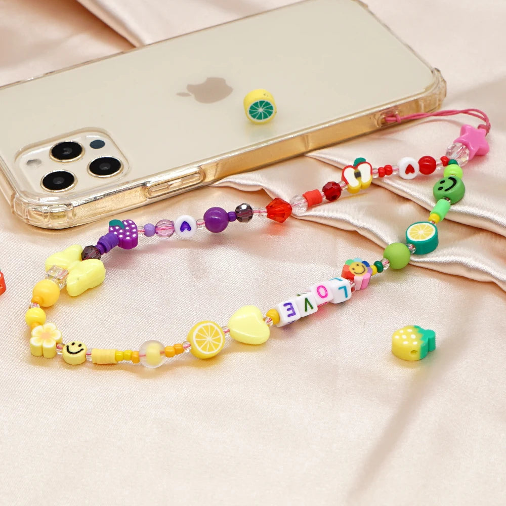 Clay Solid Color Mobile Phone Charm Phone Strap Lanyard Imitation Pearl Rope Cellphone Chains for Women Fashion Accessories