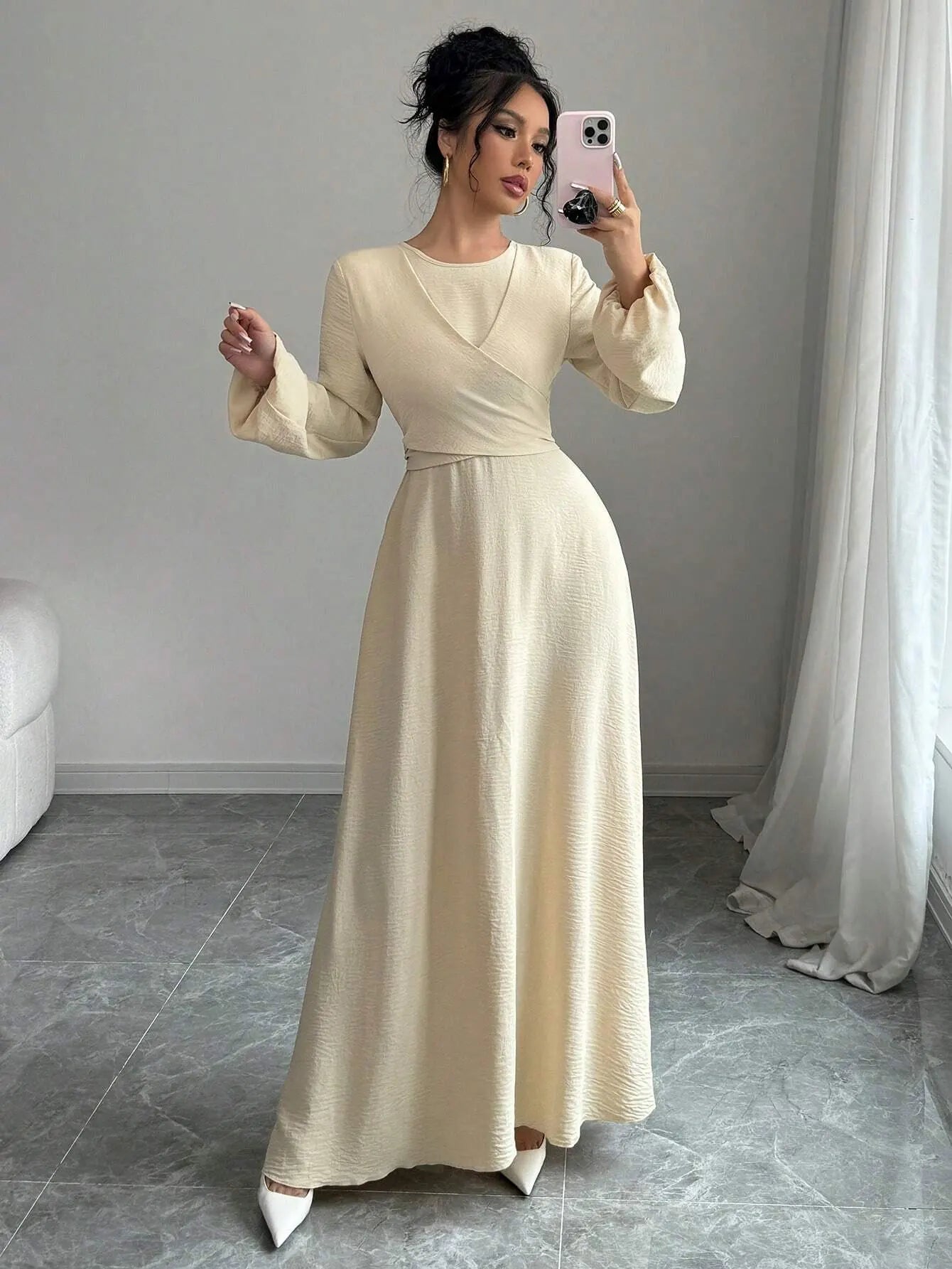 Trendy Modest Dress in Cream Tone Cross Neck and Waist Binding Design Great for Modern Islamic Women's Daily and Occasional Wear