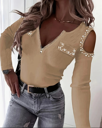 Woman Blouse Streetwear Spring 2024 New Long Sleeved V-Neck Off Shoulder Tops Fashion Casual Daily T-shirt Female's Pullover Tee