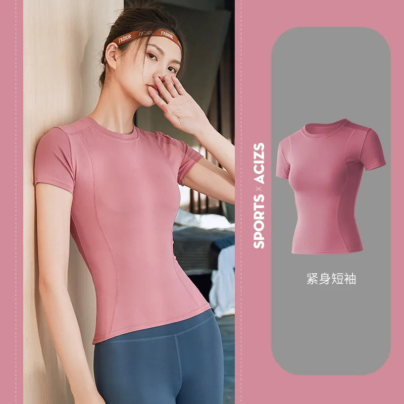 2024 Women's Sports Fitness Clothing Slim Running Sweat Absorbing Skinny Yoga Clothes Quick Drying Clothes Short Sleeved T-shirt