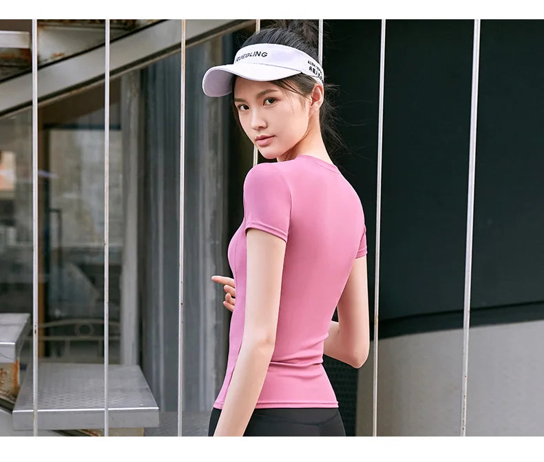 2024 Women's Sports Fitness Clothing Slim Running Sweat Absorbing Skinny Yoga Clothes Quick Drying Clothes Short Sleeved T-shirt