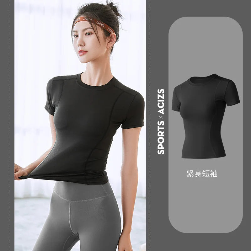 2024 Women's Sports Fitness Clothing Slim Running Sweat Absorbing Skinny Yoga Clothes Quick Drying Clothes Short Sleeved T-shirt